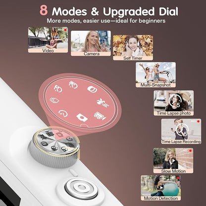 Digital Camera, 4K Vlogging Camera with 64MP, Point and Shoot Digital Cameras with 18X Zoom, Anti-Shake, Mode Dial, 32GB SD Card, Card Reader, Charger, Compact Small Cameras, White