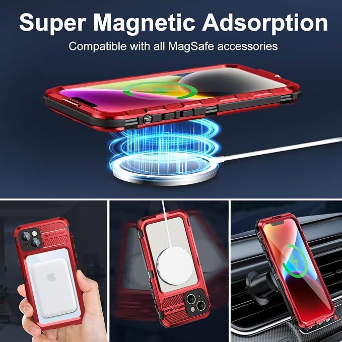 WIFORT for iPhone 14 Plus Waterproof Case - Built-in [Screen Protector][IP68 Water Proof][14FT Military Grade Shockproof], Rugged Metal Full Body Aluminum Protective Drop Protection Cover, 6.7" Red