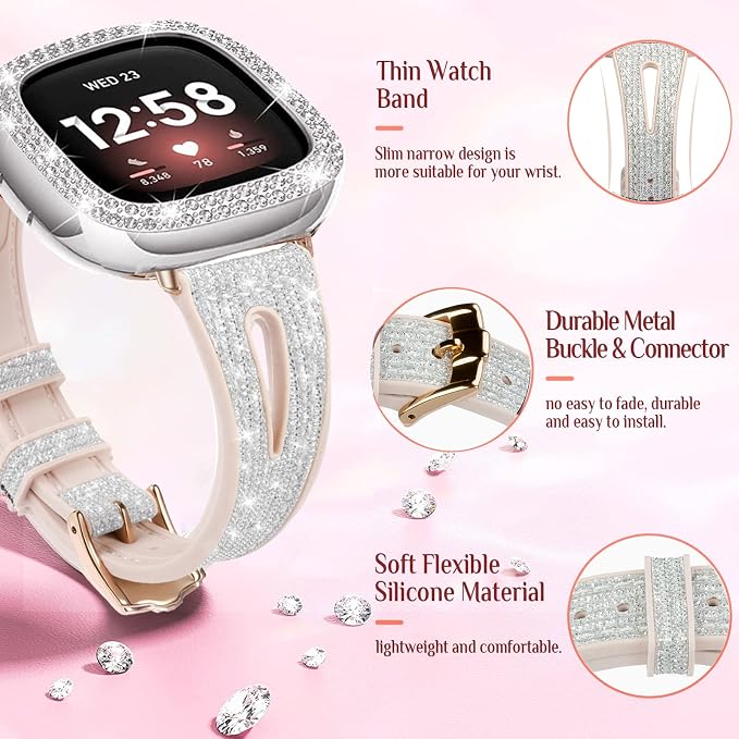 Bling Thin Band for Fitbit Sense/Fitbit Versa 3 Bands for Women Silicone Glitter Strap Accessories Compatible with Fitbit Sense 2/Versa 4 (Silver, Fitbit Sense/Versa 3)