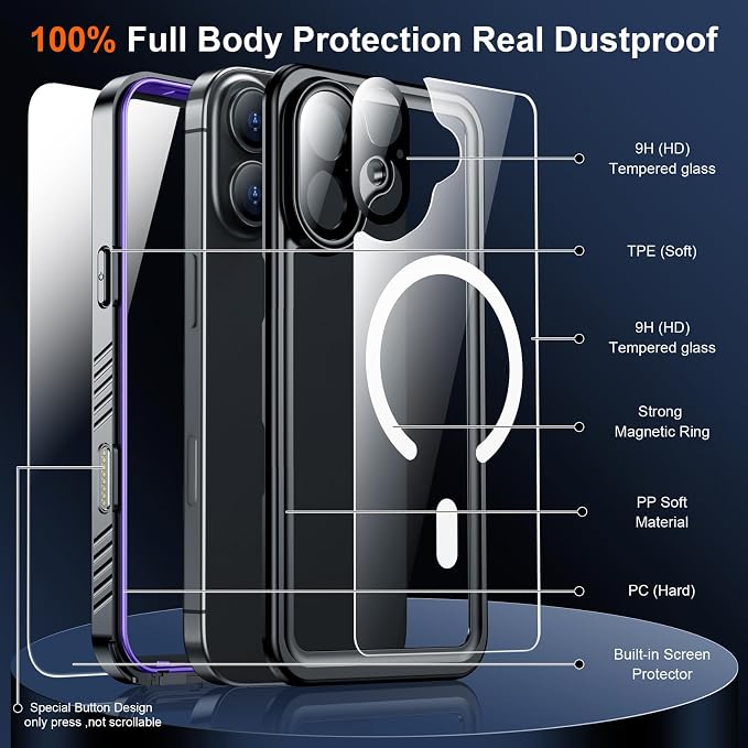 SPIDERCASE Magnetic for iPhone 17 Case- [Compatible with Magsafe] [IP68 Underwater] 15FT Military Grrade Shockproof Full Body Sealed Drop Protection with Lanyard for iPhone 17 6.3"-Purple/Clear