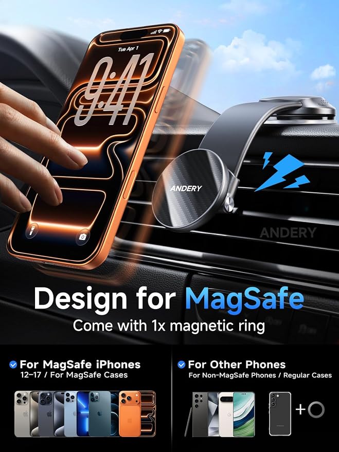 ANDERY Car Phone Holder for MagSafe [360° Adjustable Memory Alloy Arm | 2400gf Strongest Magnetic Power] Bendable Car Mount, Phone Holders for Your Car for iPhone and All Smartphones, Carbon Fiber