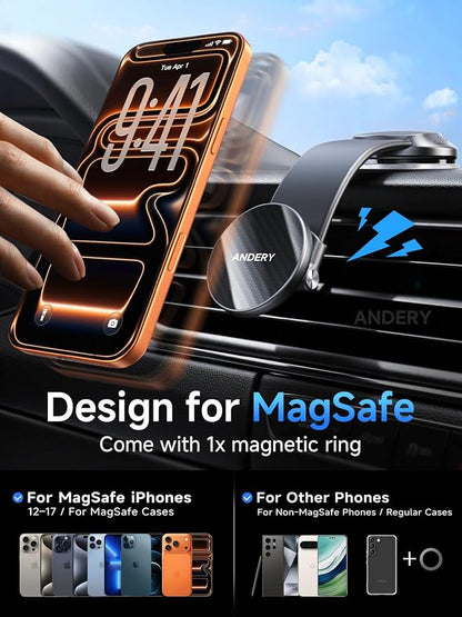 ANDERY Car Phone Holder for MagSafe [360° Adjustable Memory Alloy Arm | 2400gf Strongest Magnetic Power] Bendable Car Mount, Phone Holders for Your Car for iPhone and All Smartphones, Carbon Fiber