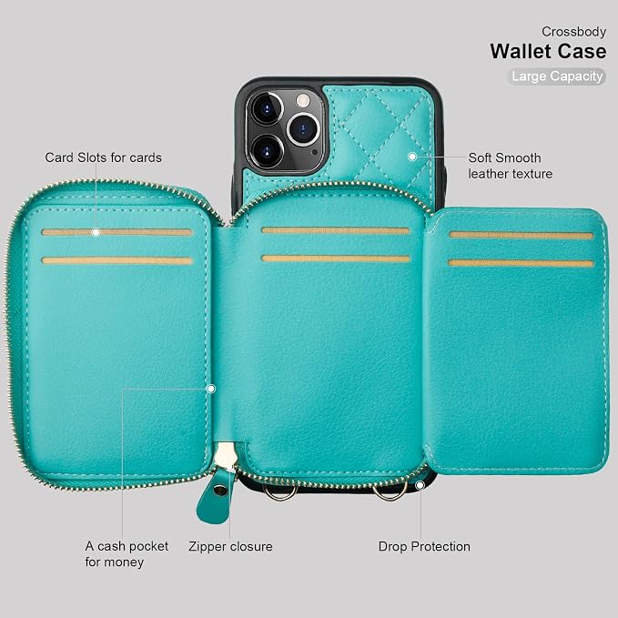 Bocasal Crossbody Wallet Case for iPhone 11 Pro Max, RFID Blocking PU Leather Zipper Handbag Purse Flip Cover, Kickstand Folio Case with Card Slots Holder Wrist Strap Lanyard 6.5 Inch (Mint Green)