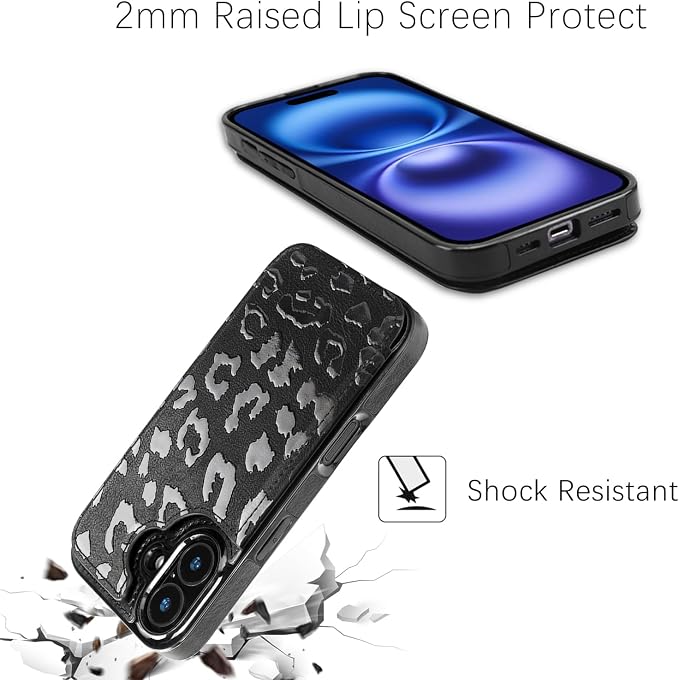 uCOLOR for iPhone 17 Wallet Case with Card Holder PU Leather RFID Blocking Design iPhone 17 flip case for Women Men Magnetic Clasp Kickstand Design 6.3 inch (Black Leopard)