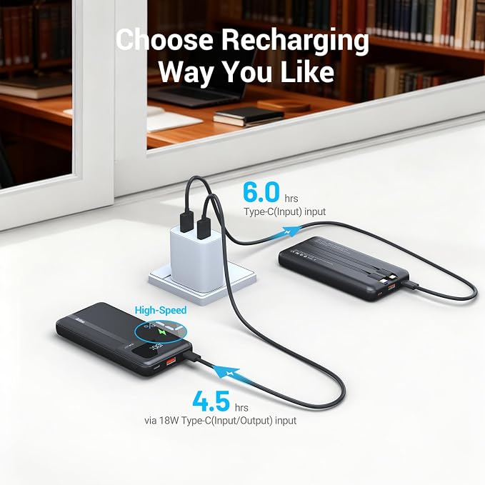 Antteez Portable Charger 10,000mAh, Power Bank Fast Charging with Built-in Cables, 22.5W USB C Travel Battery Pack, LED Display & 4 Outputs, Compatible with iPhone, Samsung, iPad