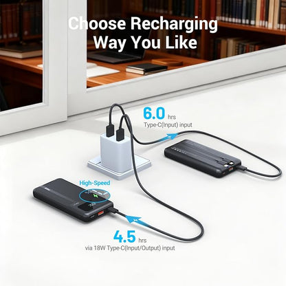 Antteez Portable Charger 10,000mAh, Power Bank Fast Charging with Built-in Cables, 22.5W USB C Travel Battery Pack, LED Display & 4 Outputs, Compatible with iPhone, Samsung, iPad