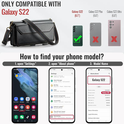 Strapurs Crossbody Wallet Case Compatible with Samsung Galaxy S22 5G RFID Blocking Card Holder Soft PU Leather Magnetic Snap Shoulder Strap Zipper Pocket Phone Case Fit for Galaxy S22 6.1" - Black