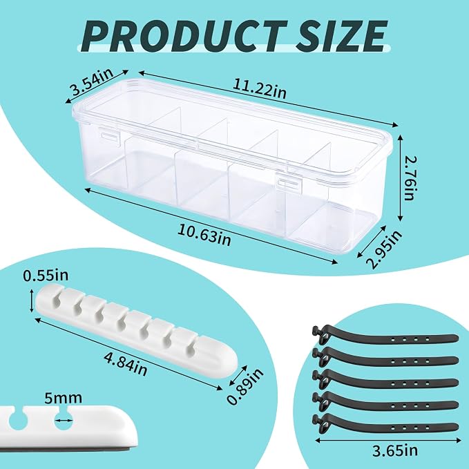 Charging Cord Storage Organizer- 5 Compartments | Charging Cord Organizer Box, with 5 Cable Ties and 1 Cable Clip,for Home Office Desk