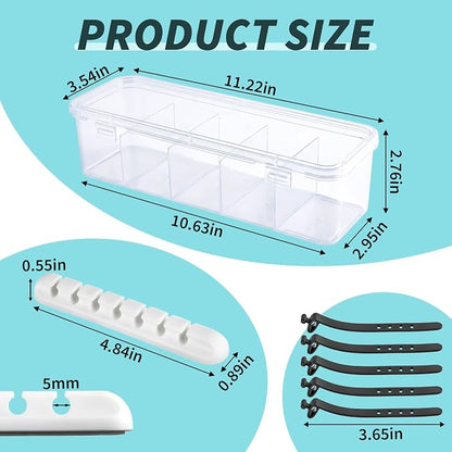 Charging Cord Storage Organizer- 5 Compartments | Charging Cord Organizer Box, with 5 Cable Ties and 1 Cable Clip,for Home Office Desk