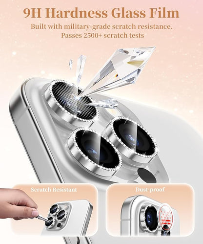 GolbinBox Camera Lens Protector for iPhone 15 Pro/15 Pro Max, 1:1 Invisible Fit, 9H Tempered Glass Ultra HD Metal Individual Camera Cover for Women, Case Friendly, Bling/Silver