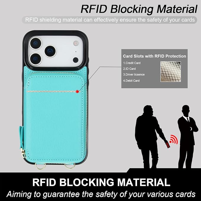 Bocasal Crossbody Wallet Case for iPhone 17 Pro Max, RFID Blocking Leather Purse Case with Card Holder, Protective Handbag Flip Cover with Zipper Wrist Strap Lanyard for Women 5G 6.9 Inch (Mint Green)