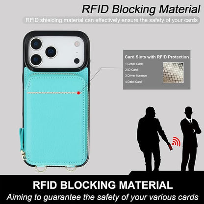 Bocasal Crossbody Wallet Case for iPhone 17 Pro Max, RFID Blocking Leather Purse Case with Card Holder, Protective Handbag Flip Cover with Zipper Wrist Strap Lanyard for Women 5G 6.9 Inch (Mint Green)