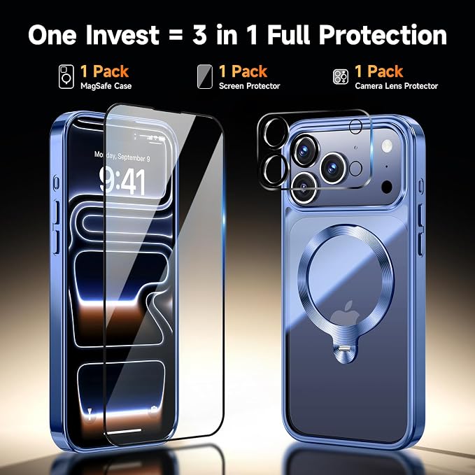[Tri-Shield Protection] for iPhone 17 Pro Max Case with 360° Spin Stand Compatible with MagSafe [Magnetic CD Ring][Screen & Camera Lens Protector] Shockproof Plating Never-Yellowing, Blue-6.9"
