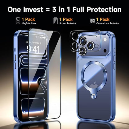 [Tri-Shield Protection] for iPhone 17 Pro Case with 360° Spin Stand Compatible with MagSafe [Magnetic CD Ring] [Screen & Camera Lens Protector] Shockproof Plating Never-Yellowing, Blue-6.3"