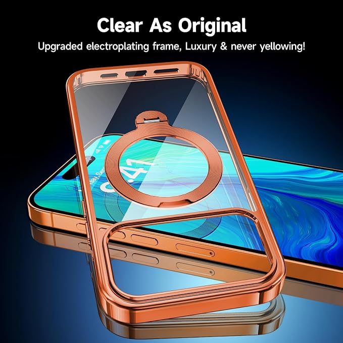 [Tri-Shield Protection] for iPhone 17 Pro Max Case with 360° Spin Stand Compatible with MagSafe [Magnetic CD Ring][Screen & Camera Lens Protector]Shockproof Plating Never-Yellowing, Cosmic Orange-6.9"