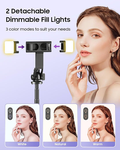 53'' Selfie Stick Tripod with Light, Enhanced 4-Leg Cell Phone Stand Camera Tripod with Rechargeable Wireless Remote & 2 Fill Light, Portable Selfie Stick Travel Essentials for iPhone Android