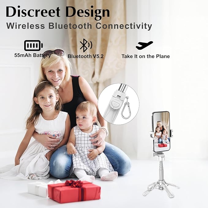 Mini Selfie Stick Tripod, 41.5cm Extendable Grip Phone Tripod with Detachable Remote Pocket Size, 4-in-1 Mini Phone Grip, 10m Wireless Shutter, Vlog Livestreaming Photography （White）