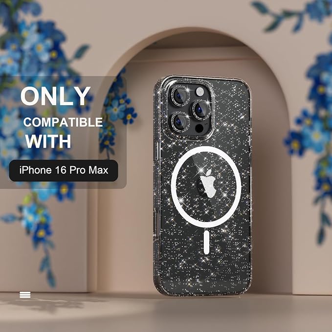 Choiche for iPhone 16 Pro Max Case Magnetic, Women Clear Glitter Bling Sparkly Case, [3xDiamond Camera Lens Protectors] [2xTempered Glass Screen Protectors] [Compatible MagSafe] 6.9"(Glitter Black)