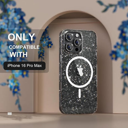 Choiche for iPhone 16 Pro Max Case Magnetic, Women Clear Glitter Bling Sparkly Case, [3xDiamond Camera Lens Protectors] [2xTempered Glass Screen Protectors] [Compatible MagSafe] 6.9"(Glitter Black)