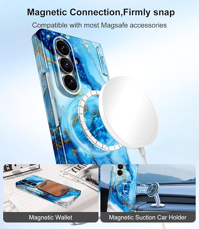 Btscase for Samsung Galaxy Z Fold 7 Case,Built in Front Screen Protector,Gold Glitter Marble Pattern Hard PC Slim Shockproof Full Body Drop Protective Case for Galaxy Z Fold 7 5G, Blue