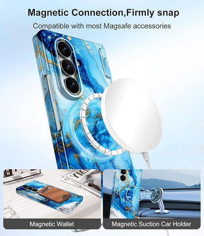 Btscase for Samsung Galaxy Z Fold 7 Case,Built in Front Screen Protector,Gold Glitter Marble Pattern Hard PC Slim Shockproof Full Body Drop Protective Case for Galaxy Z Fold 7 5G, Blue