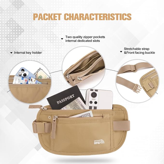 Small Unisex Money Belt For Men and Women, Slim Passport Holder RFID Blocking Travel Essentials Pouch with Adjustable Strap Small Waist Pouch for Workout Running Travelling Hiking(Beige)