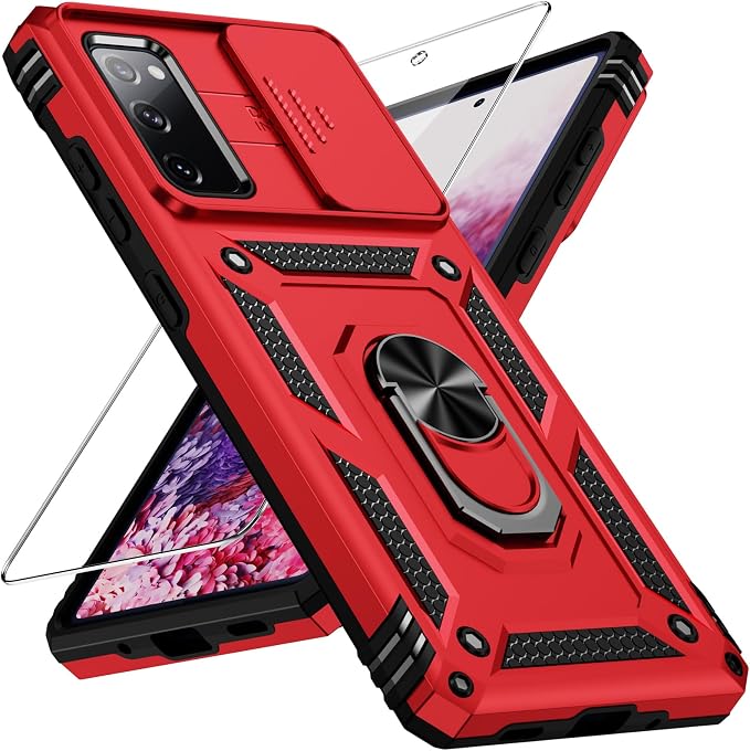 Weycolor for Samsung Galaxy S20 FE 5G Case with Camera Lens Cover, HD Screen Protector, 10 FT Military Grade Drop Protection, Magnetic Ring Holder Kickstand Protective Phone Case, Red