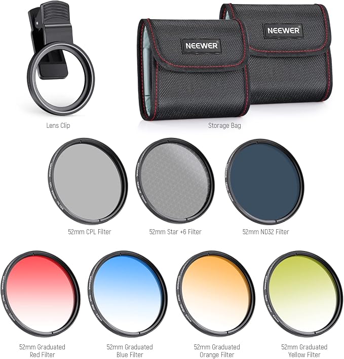 NEEWER 52mm ND + CPL + Star + 4 Graduated Color Filter Set with Phone Lens Clamp Compatible with iPhone 17 16 16e 15 14 Pro Max Plus Canon Nikon Sony Camera