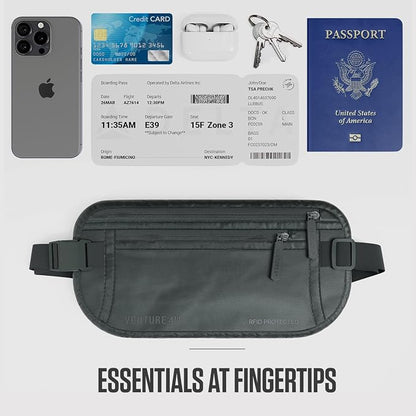 VENTURE 4TH Money Belt for Travel – Hidden Under-Clothes RFID Blocking Passport Holder & Slim Travel Wallet Pouch for Men & Women to Protect Cash, Cards & Documents (Sleek Gray)
