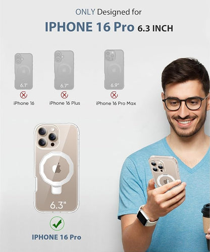 for iPhone 16 Pro Case, with Screen Protector + Camera Lens Protector, Built-in Seamless Stand, [Compatible with MagSafe] Protective Shockproof Phone Case, Cover for iPhone 16Pro - Clear