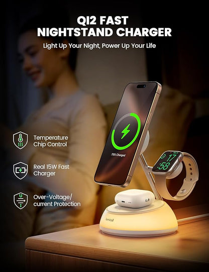 Lamicall 4-in-1 Qi2 Certified Wireless Charging Station for Magsafe, [LED Night Light] 15W Fast Magnetic Charger Stand Gifts, Compatible for iPhone 17 16 15 14 13 Series, Watch, Air pods, 30W Adapter