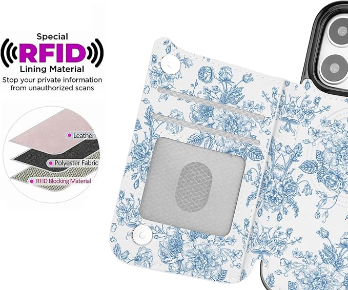 uCOLOR for iPhone 17 Pro 6.3" Wallet Case Magsafe with Card Holder Slot【Compatible with MagSafe】 Double Magnetic RFID Design with Camera Lens Protector (Blue Floral, iPhone 17 Pro)