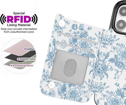 uCOLOR for iPhone 17 Pro 6.3" Wallet Case Magsafe with Card Holder Slot【Compatible with MagSafe】 Double Magnetic RFID Design with Camera Lens Protector (Blue Floral, iPhone 17 Pro)
