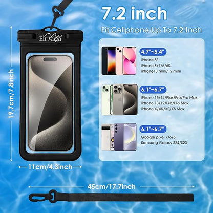 2 Pack IPX8 Waterproof Phone Pouch for iPhone 16/15/14/13 Pro Max Plus (7.2 Inch) - Swimming, Diving, Snorkeling, Snowproof - Touchscreen Friendly Underwater Photography Dry Bag (Black&Blue)