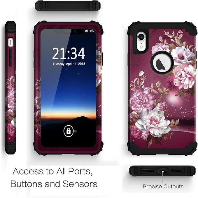 Hocase for iPhone XR Case, Heavy Duty Shockproof Protection Soft Silicone Rubber+Hard Plastic Bumper Hybrid Dual Layer Protective Case for iPhone XR (6.1-inch) 2018 - Royal Purple Flowers