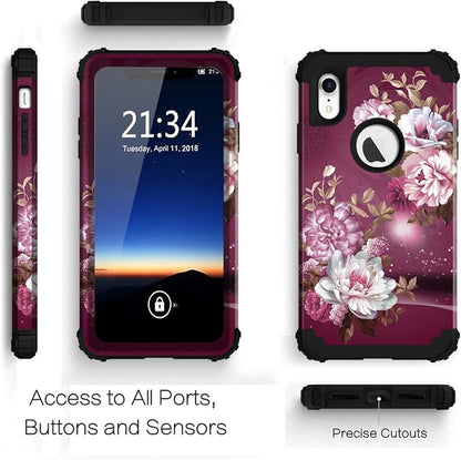 Hocase for iPhone XR Case, Heavy Duty Shockproof Protection Soft Silicone Rubber+Hard Plastic Bumper Hybrid Dual Layer Protective Case for iPhone XR (6.1-inch) 2018 - Royal Purple Flowers