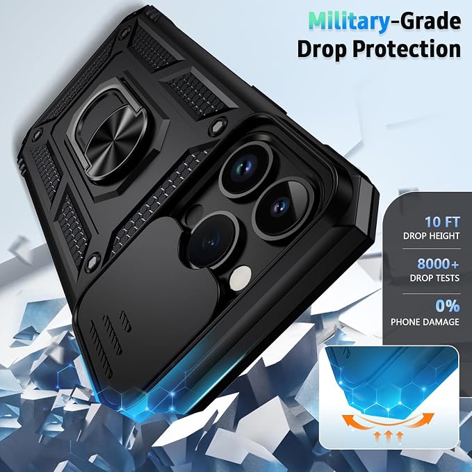 Vinve for iPhone 14 Pro Max Case with Slide Lens Cover HD Screen Protector, Military Grade Drop Protection, Magnetic Rotated Ring Holder Kickstand Protective Phone Case (Black)