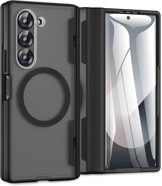 Caka Magnetic for Samsung Galaxy Z Fold 4 Case with Hinge Protection Black | Compatible with MagSafe, Built-in Outer Screen Protector, Hinge Guard, Translucent Matte Back, 360° Hybrid Drop Defense