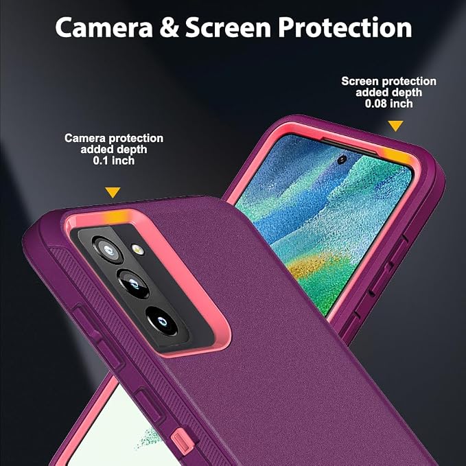 for Samsung Galaxy S21 FE Case with 2Pcs Screen Protector and 1Pcs Camera Lens Protector, Military Grade Heavy Duty Shockproof/Drop Proof/Dust Proof Case (Wine Red/Rose Pink)