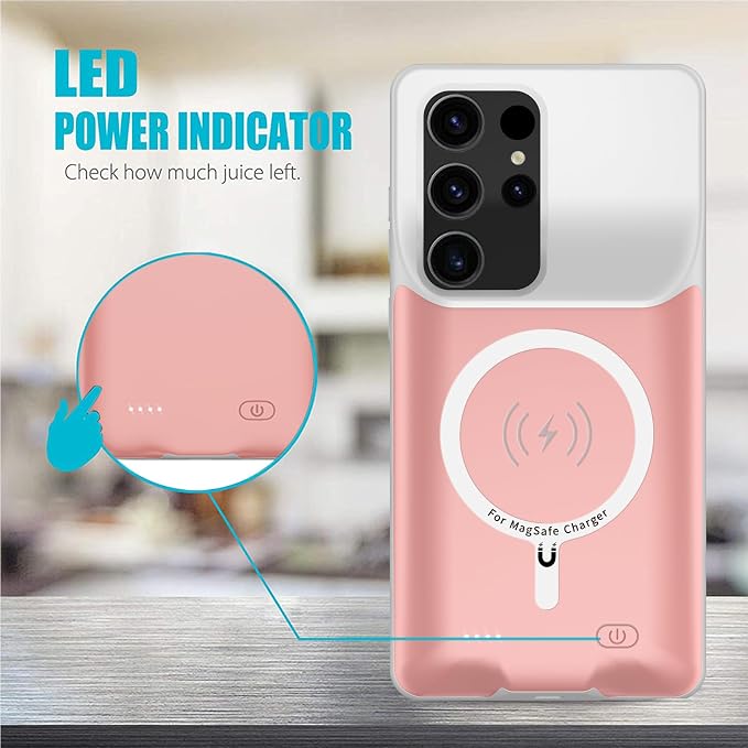 Battery Case for Galaxy S22 Ultra/S23 Ultra, [12000mAh] Slim Portable Protective Fast Charging Case Backup Power Bank Battery Case Compatible with Galaxy S22 Ultra/S23 Ultra-6.8 inch-Pink