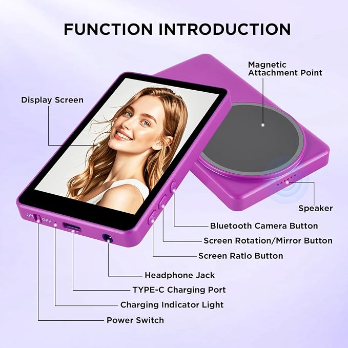 SUNPIN Vlog Selfie Monitor Screen, Wireless 4K/1080p Back Camera Monitor for iPhone & Android, Built-in Speaker for YouTube TikTok Live Streaming (Purple)
