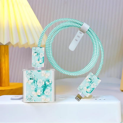 Phone Charger Case Storage Set with Rose Butterfly Cable Protector with Carrying Cable Case Bag,Cord Organizer, USB Earphone Wire Saver Organizer Charger Protector for iPhone (Rose Butterfly)