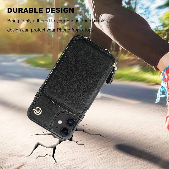 Bocasal Crossbody Wallet Case for iPhone 11, RFID Blocking Leather Purse Case with Card Holder, Protective Handbag Flip Cover with Zipper Wrist Strap Lanyard for Women 6.1 Inch (Black)