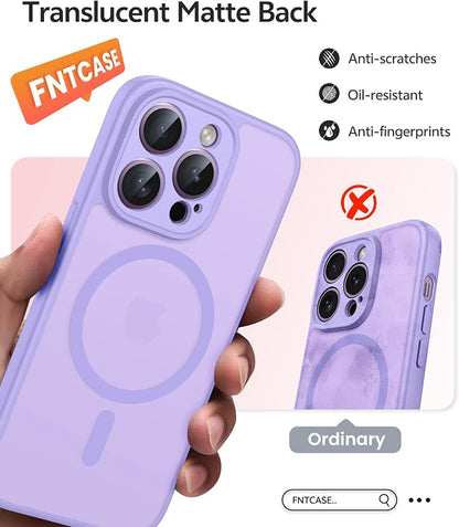 FNTCASE for iPhone 14 Pro Max Case: [Compatible with Magsafe] Translucent Matte Cases with [Full Camera Protection] [Screen Protector] Military Grade Shockproof Protective Phone Cover - Light Purple