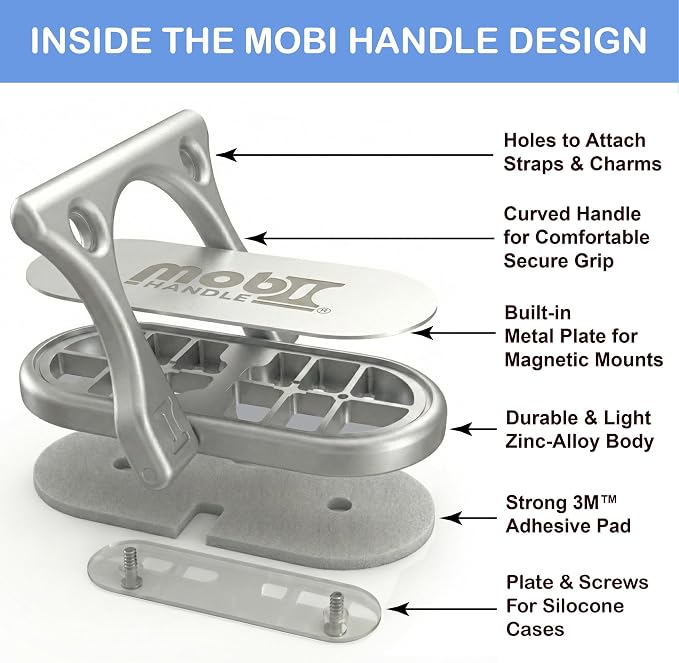 Patented 3-Finger Phone Grip & Stand - Comfortable & Secure Loop Holder for iPhone & Android - Ultra-Slim Zinc Alloy - Magnetic Mount Ready - Cell Phone Ring Alternative [Silver Matte]
