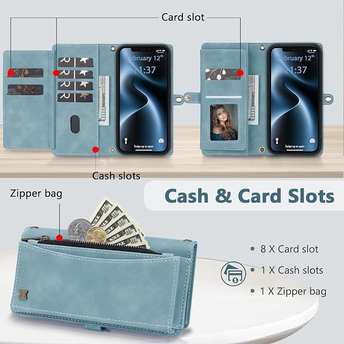 Wallet Case for iPhone 12/12 Pro with Card Holder/Crossbody Wallet/Strap| RFID Blocking | Magnetic | Kickstand | Detachable | PU Leather Phone Case for iPhone 12/12 Pro,6.1 in,Blue