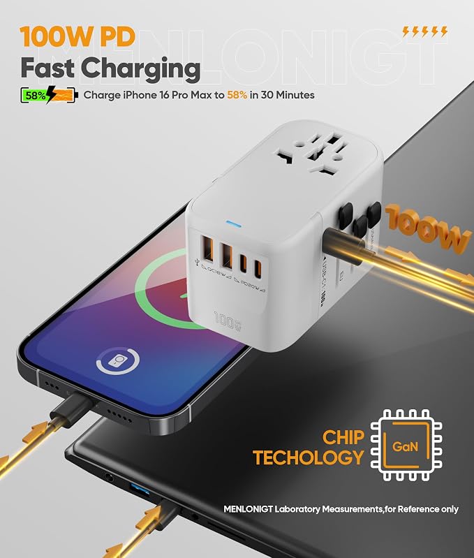 New Universal Travel Adapter GaN 100W,International Power Adapter with 5 USB(3 USB C) Charging Ports, Travel Worldwide Plug Adapter, Outlet Wall Charger for Europe UK EU AUS (Type C/G/A/I)