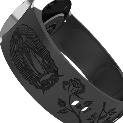 Virgin Mary Lady of Guadalupe Band Compatible with Samsung Galaxy Watch Laser Engraved Silicone 20mm Strap 7/6/5/4 40mm 44mm/Watch 6 Classic Watch 4 46mm 42mm Jesus God Wristband Religious (Black)