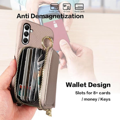 Wallet Case for Samsung Galaxy A24 4G/5G with Shoulder Strap Ring Buckle PU Leather Zipper Flip Organ Purse, Credit Card Holder Stand Full Body Cell Phone Cover for A 24 24A Lte Women Men Khaki