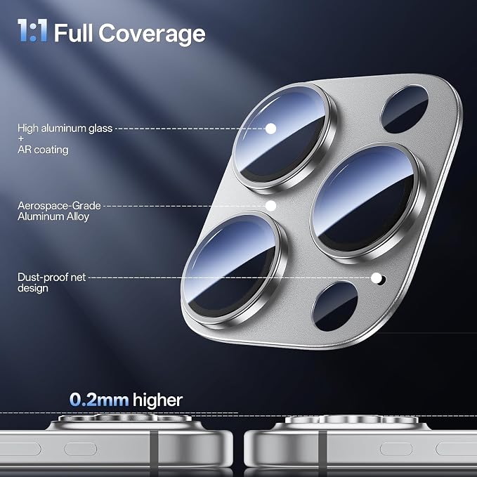 Camera Lens Protector for iPhone 16 Pro Max/iPhone 16 Pro-Single Piece,Ultra Thin Aluminum Alloy Frame,9H Dual-Strength Glass with 99% AR Light Transmittance,Case Friendly,Grey Titanium
